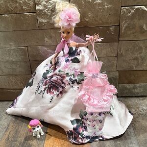 Barbie Doll in Pink Floral Ball Gown with purse & puppy
